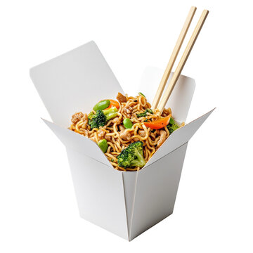 Takeout box with tasty Asian noodle dish, chopsticks, and vegetables. Concept of quick and convenient meal, to go food, fusion cuisine, Asian fusion