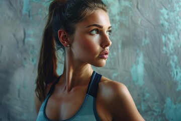 Fototapeta premium A woman in a blue tank top looks away from the camera, expression unknown