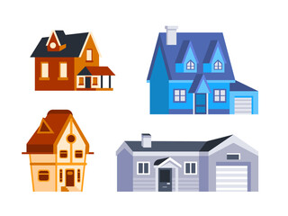 Set of colorful residential houses with garage and chimney, different architecture styles for city and village