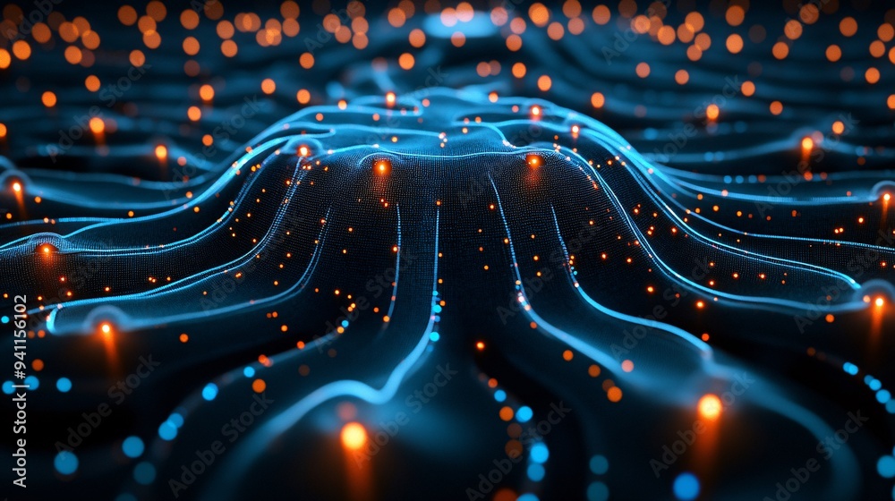 Poster An abstract depiction of AI as a network of glowing nodes and connections representing deep learning processes Stock Photo with copy space