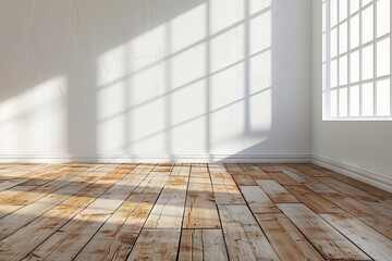 Wooden floor with blank wall in room with sunlight through the window