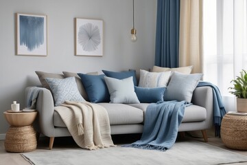 Modern Living Room Interior with Blue and Beige Accents