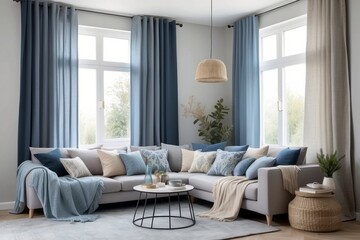 Fototapeta premium Modern living room with gray sectional sofa, blue curtains, and throw blankets