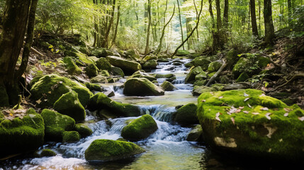 Serene Forest Stream with Moss Covered Rocks