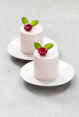 Vegan Cherry Creamy pudding cylindrical shape, Panna Cotta.  Close-up