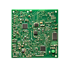 High-resolution image of a green electronic circuit board featuring numerous microchips, resistors, and components.