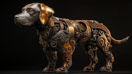 A stunning steampunk dog sculpture, featuring intricate metallic detailing and gears, blending technology with artistry.