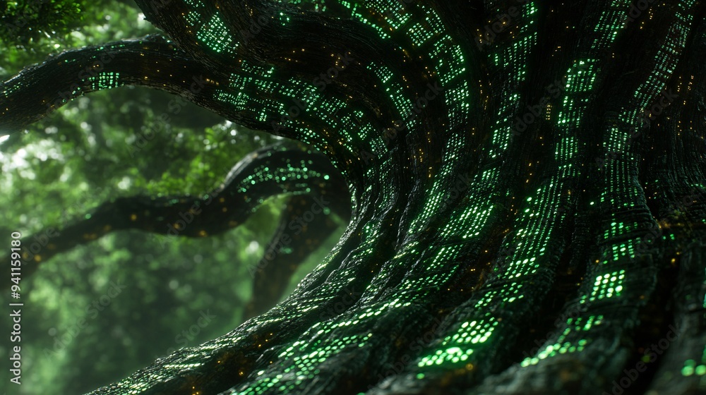 Aufkleber An abstract representation of AI as a digital tree with branches of code and data streams Stock Photo with copy space