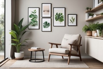 Fototapeta premium A Living Room Interior with a Comfortable Armchair and Green Plants