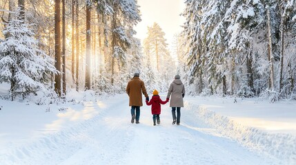 A family walking through a snowcovered forest, picking out their Christmas tree, with warm coats and scarves christmas background family warmth concept.