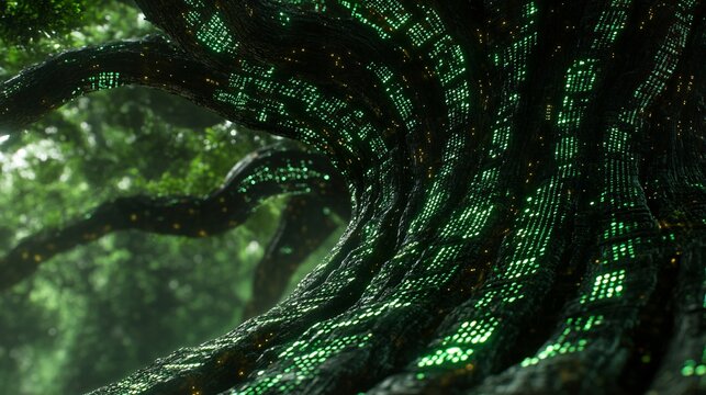 An abstract representation of AI as a digital tree with branches of code and data streams Stock Photo with copy space