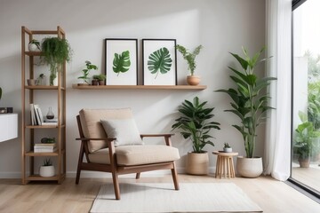 Modern Living Room with Armchair, Plants, and Large Windows