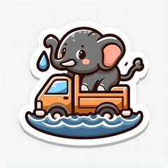A cartoon elephant is sitting on top of a truck in the water. The elephant is cute and playful, and the scene is lighthearted and fun