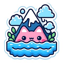 A cartoon cat is floating in a body of water with a mountain in the background. The cat is cute and playful, and the water and mountain create a sense of adventure and exploration