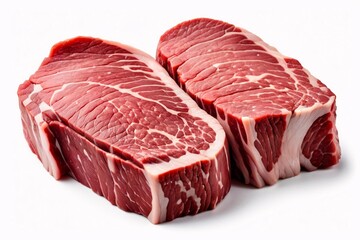 Two raw beef steaks, close-up on white background.