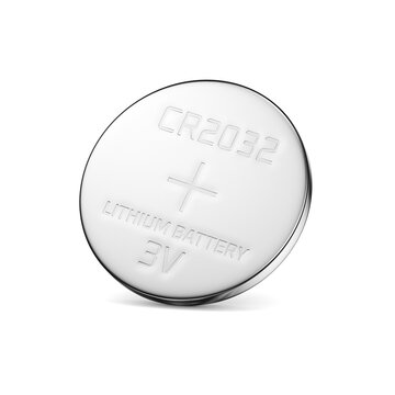 Cell lithium metal battery CR2032 isolated, front view. 3D rendering illustration. Transparent PNG image.