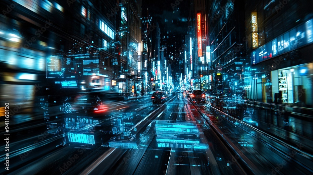 Poster A smart city managed by AI with automated traffic systems and energy-efficient infrastructure Stock Photo with copy space
