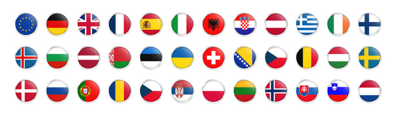 European flag collection featuring European country flags. Vector graphic of round flag symbols set on a white background