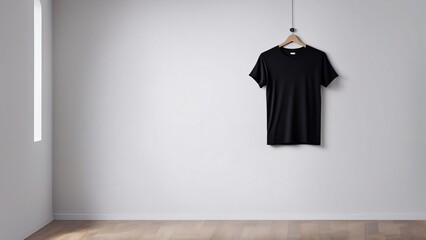 An image of two white walls with a black blank t-shirt hanging on them, ready for your design to be placed on them. Blank t shirt mockup template.