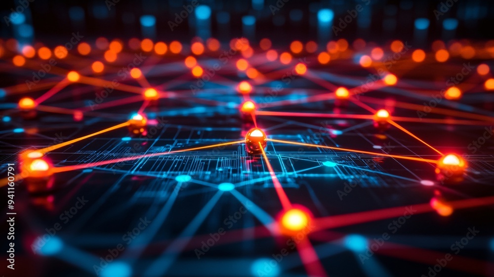 Poster An abstract depiction of AI as a network of glowing spheres representing interconnected data points and algorithms Stock Photo with copy space