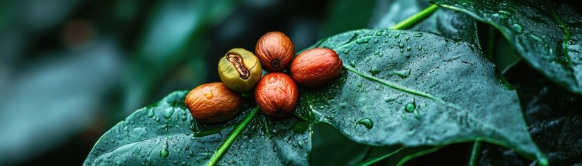 Fototapeta premium Close-up of Ripe and Unripe Coffee Cherries on Wet Green Leaves After Rainfall