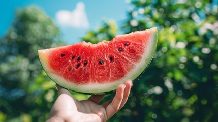 A hand holding a juicy slice of watermelon against a bright blue sky and lush greenery in the summer sunshine