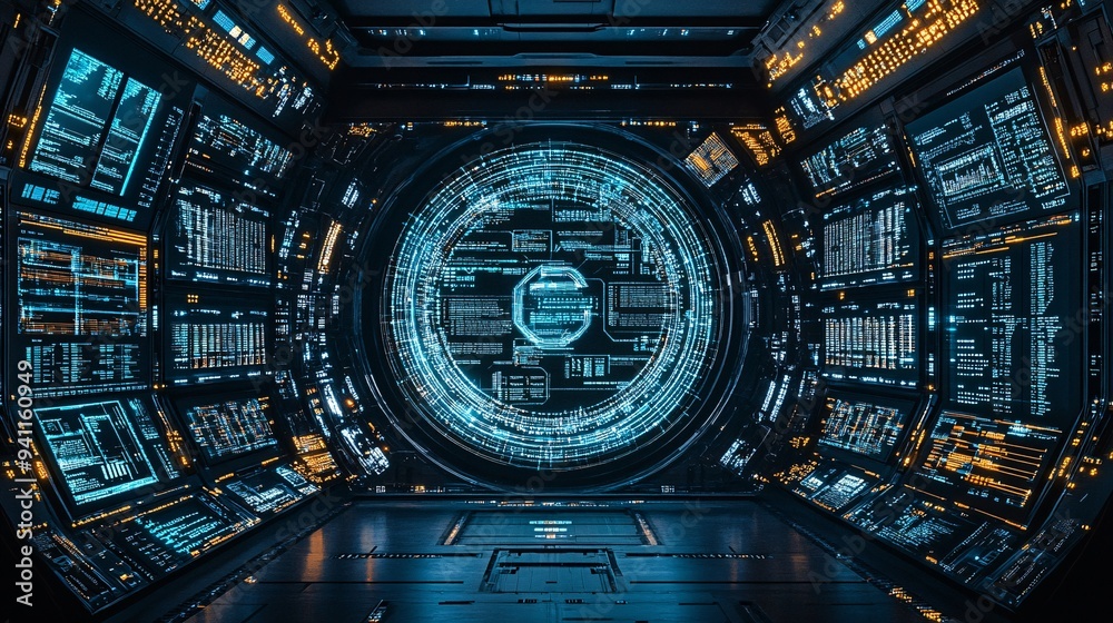 Aufkleber A futuristic office where AI algorithms manage and streamline business processes for maximum efficiency Stock Photo with copy space