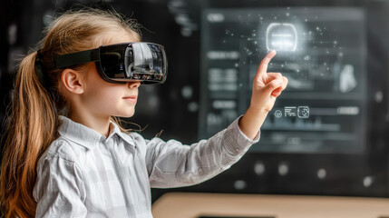 Future of Education A Young Student Immersed in Augmented Reality Technology Exploring Interactive Learning in a Modern Classroom Environment with Advanced AI Tools
