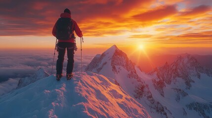 epic mountaineering triumph climber silhouette planting flag on jagged peak breathtaking panoramic vista dramatic lighting sense of accomplishment