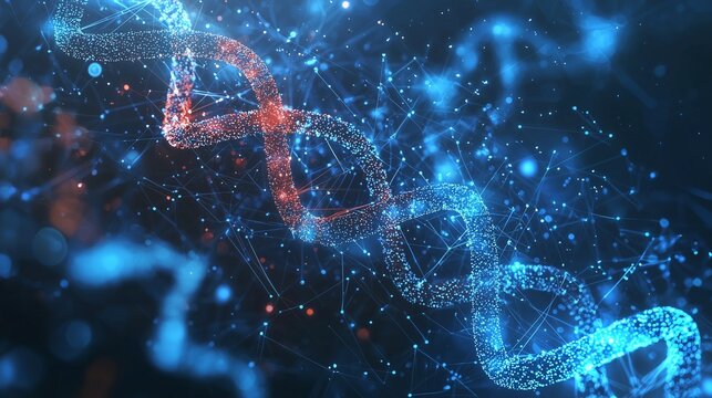 Digital representation of dna strands with glowing nodes, symbolizing genetic biomarkers and molecular biology.