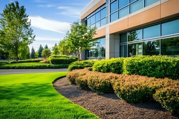 Fototapeta premium Modern Office Building with Lush Landscaping and Green Grass