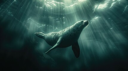 Fototapeta premium A seal swims upwards towards a bright light in the deep ocean