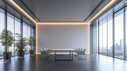 Fototapeta premium Modern Minimalist Conference Room with Panoramic City Views and Natural Light