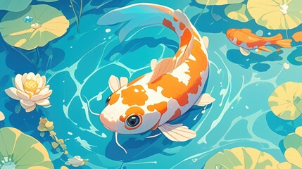 Fototapeta premium A Koi Fish Swimming in a Pond with Lily Pads and a Water Lily