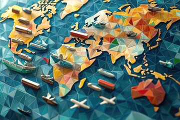 Fototapeta premium A colorful map of the world with many different types of ships and planes, Concept of transportation and logistics