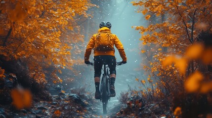 ethereal cyclist gliding through misty mountain forest golden light filtering through trees vibrant autumn colors atmospheric perspective dreamlike quality