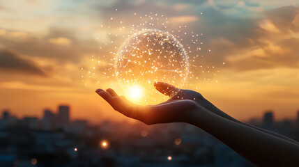 Abstract science. Hands touch the earth and circle global network connection, data exchange worldwide with city sunset background.