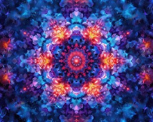 Kaleidoscopic patterns, Fantasy, Vibrant, Digital, Emphasizing mesmerizing symmetry