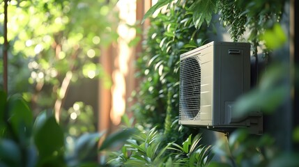 Modern Air Conditioning Unit Surrounded by Lush Greenery in an Eco-Friendly Urban Setting