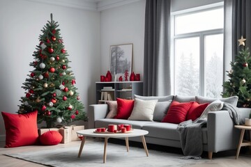 Decorated Christmas tree in a living room with a grey sofa and red pillows