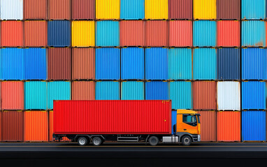 A vibrant truck parked beside a colorful wall of shipping containers, showcasing logistics and transportation themes.