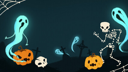 Ghosts and skeletons dance among glowing pumpkins and skulls, celebrating spooky Halloween night in graveyard. Cartoon art style. Concept of mystery, fantastic, spooky vibe. Backgrounds.