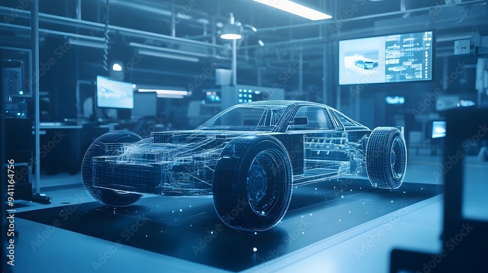 Poster digital twin of a car in a virtual testing environment with copy space for added text or graphics fu