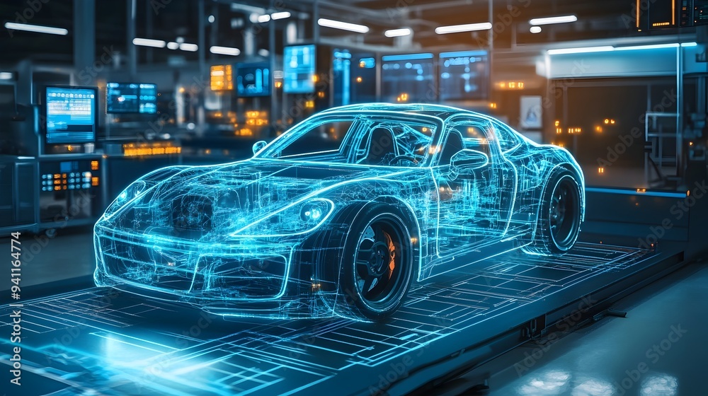 Poster a digital twin representation of a car in a virtual testing environment with ample copy space for te