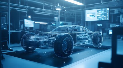 Fototapeta premium Digital twin of a car in a virtual testing environment with copy space for added text or graphics Futuristic automotive concept featuring a modern minimalist 3D render of a vehicle in a white