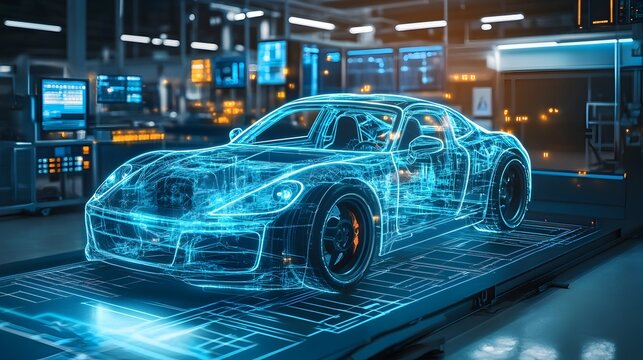 A digital twin representation of a car in a virtual testing environment with ample copy space for text or graphic overlays