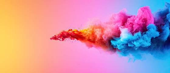 Naklejka premium Vibrant cloud of colored smoke blending shades of pink, blue, and orange against a soft gradient background, creating a visually striking effect.