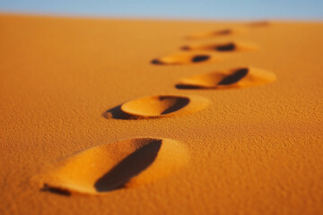 Imprints in Desert Sand. Minimalist Photography of Sandy Dunes Reflecting Solitude and Progress. A Journey of Discovery Across the Expansive Desert Landscape