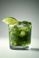 Refreshing Green Cocktail with Lime and Fresh Mint Leaves, Isolated on Neutral Background
