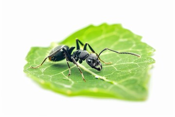 A single black ant sits on a green leaf